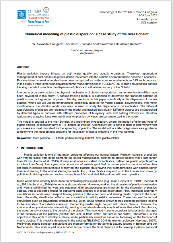 Screenshot of the first page of the report, written by W. Alexander Breugem, Kai Chu, Theofano Koutrouveli and Boudewijn Decrop. Title: Numerical modelling of plastic dispersion: a case study of the river Scheldt. For illustrative prupose only.